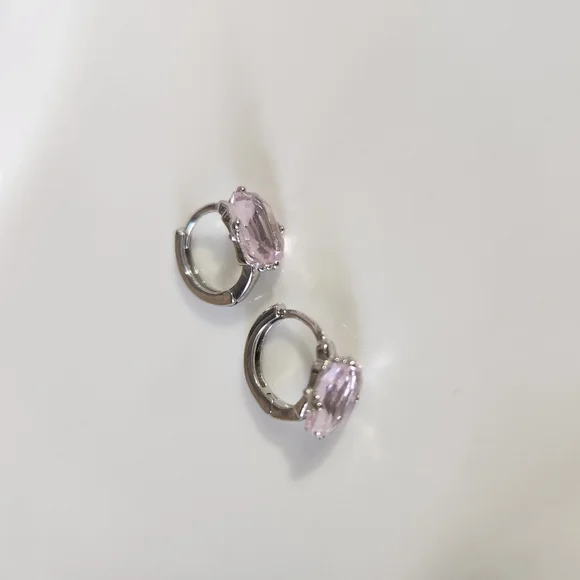 Sterling Silver Pink Zirconia Huggie Earrings - Picture 2 of 5